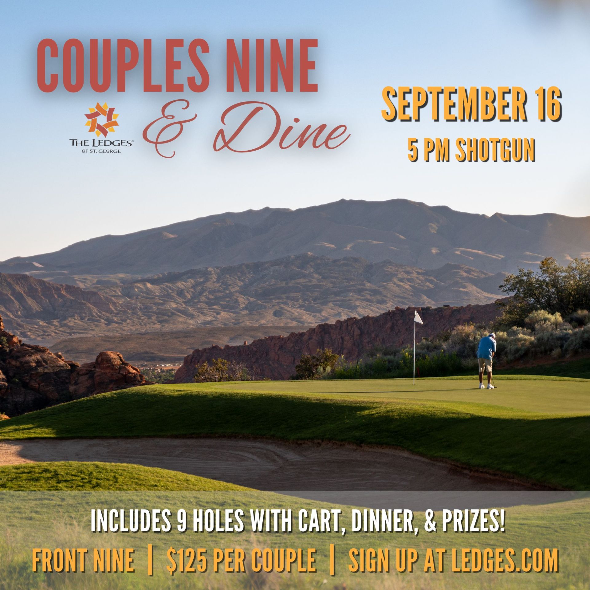 Banner for a golf event: 'Couples Nine & Dine' at The Ledges with date Sept. 16, 5 PM shotgun start; scenic mountain backdrop.