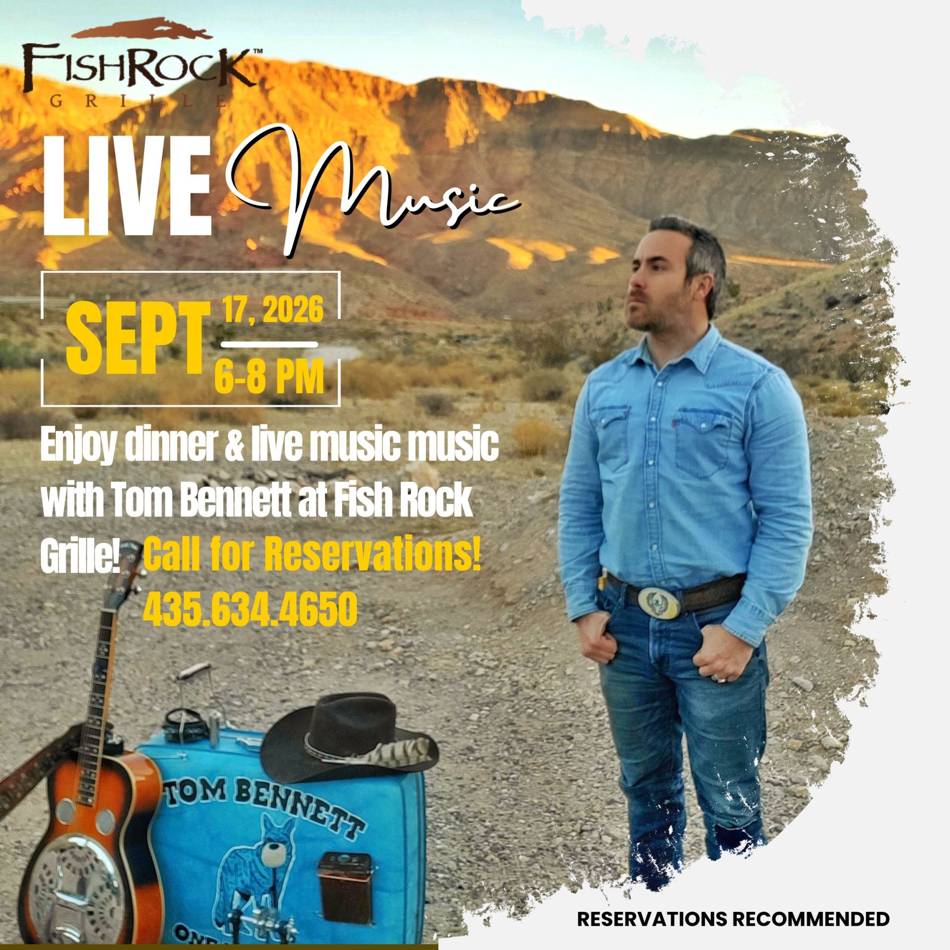 Outdoor event poster advertising a live music night, showing a man in a blue denim shirt beside guitar cases with a desert mountain backdrop.