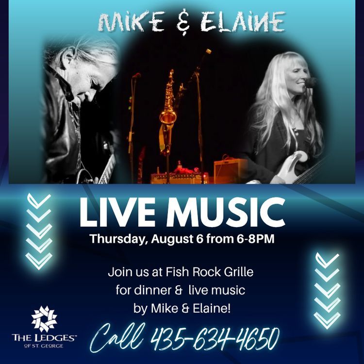Poster advertising Mike & Elaine live music at Fish Rock Grille, featuring two musicians on stage with a bold 'LIVE MUSIC' headline and event details.