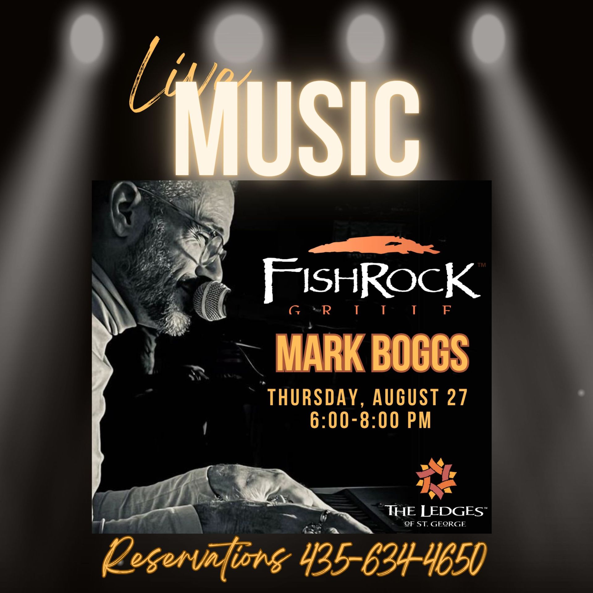 Poster advertising live music: bright 'LIVE MUSIC' text on a dark stage with a singer at a microphone and promotional details for Mark Boggs.