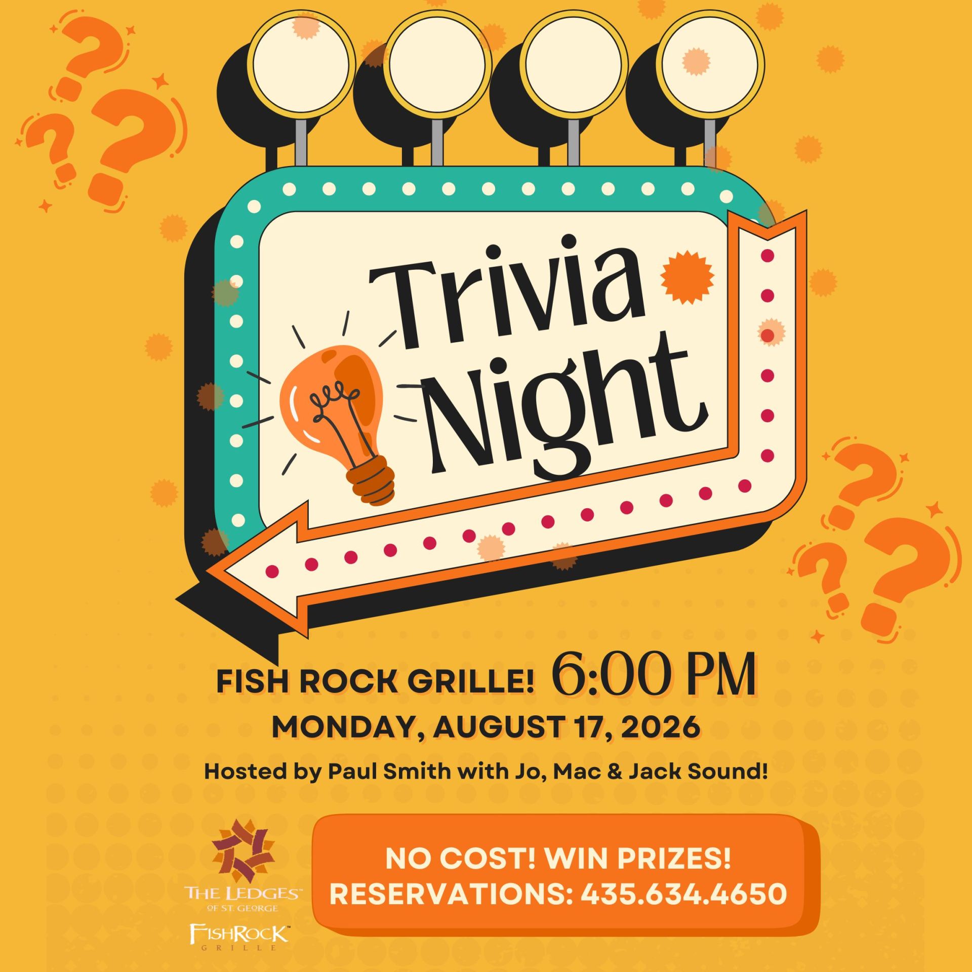 Poster promoting Trivia Night at Fish Rock Grille with a retro sign and bright orange background reading “Trivia Night.”