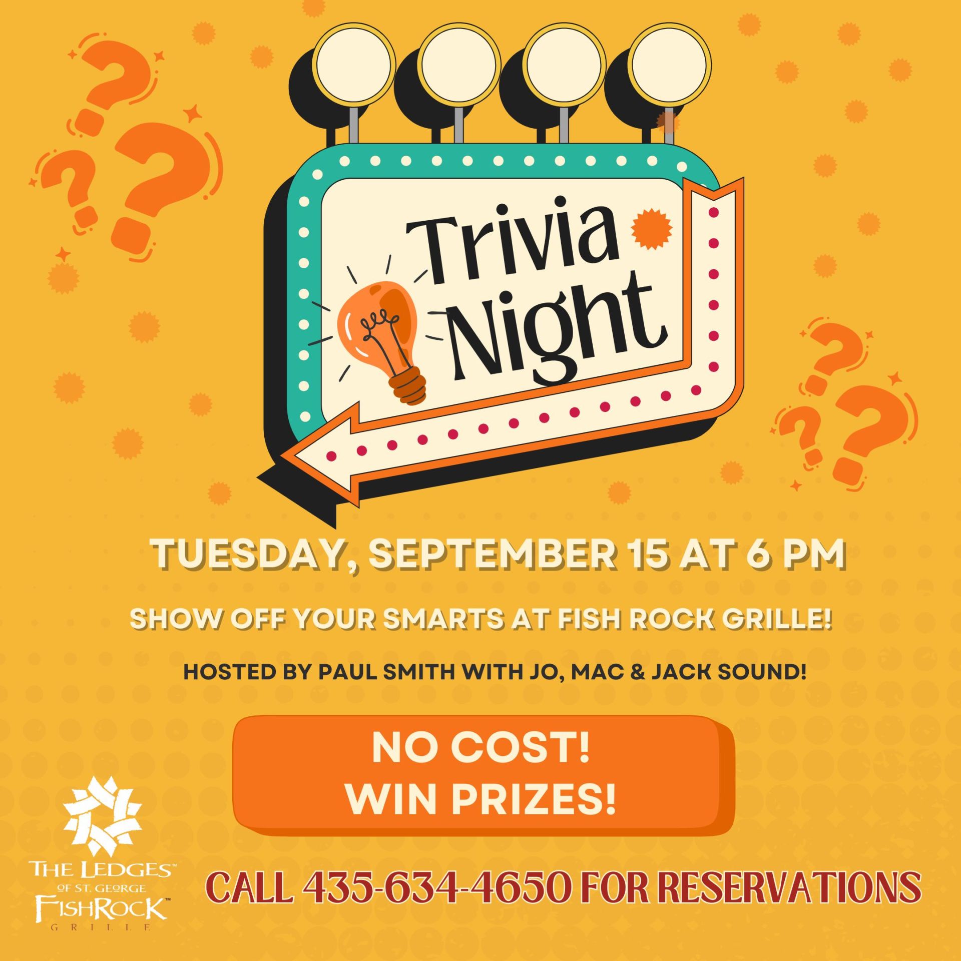Bright orange poster announcing Trivia Night at Fish Rock Grille on Tuesday, September 15 at 6 PM; no cost, prizes.
