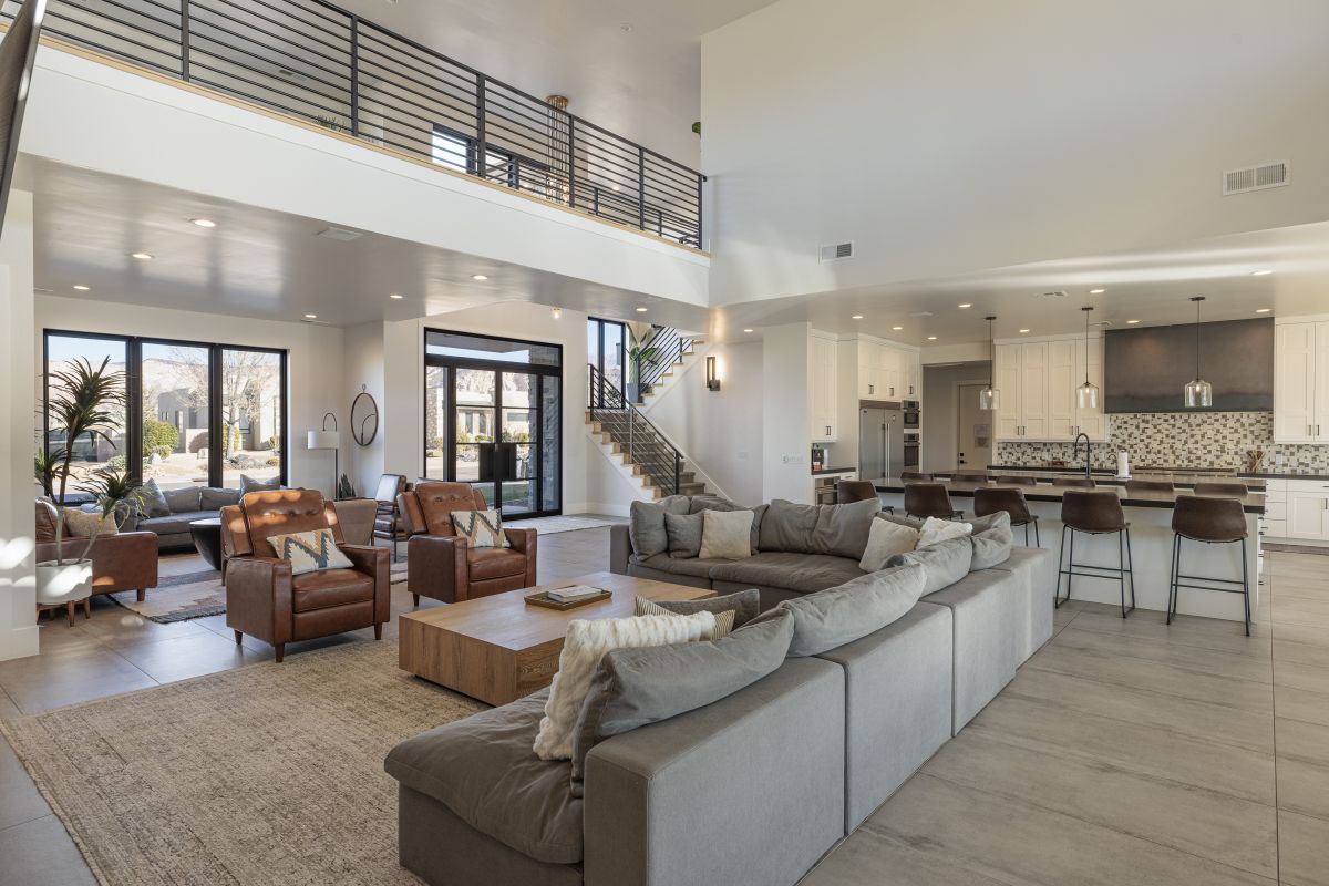 A living room in a large group vacation rental at The Ledges
