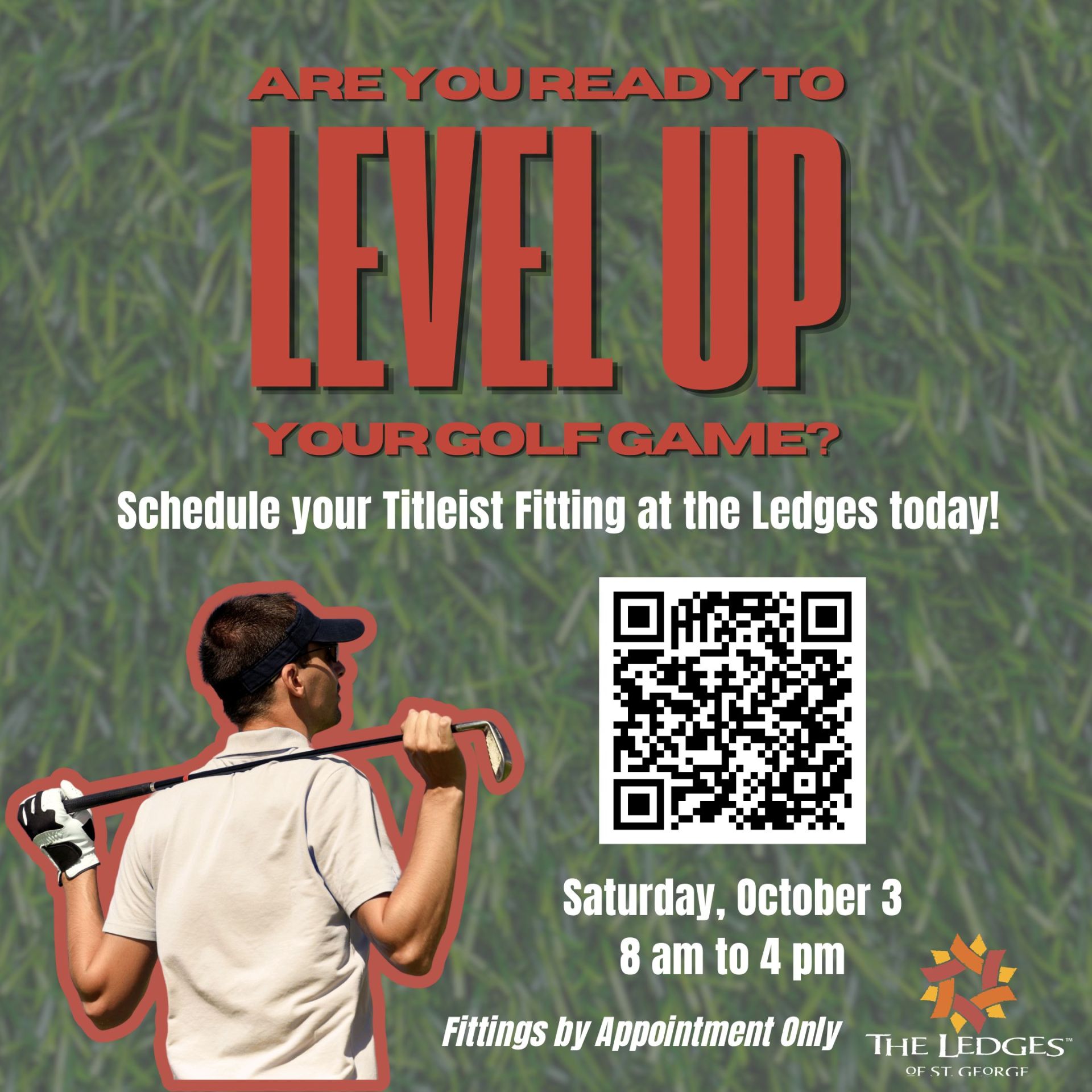 Poster advertising a golf fitting event with bold red text 'Level Up' over a grassy background, featuring a man swinging a golf club and a QR code nearby.