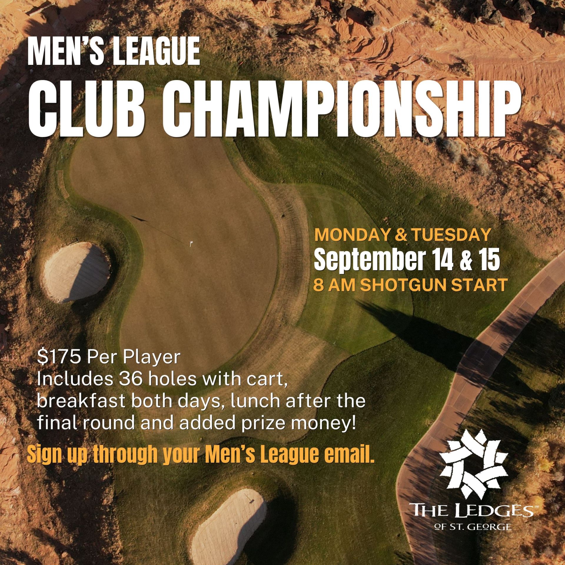 Promotional poster for Men’s League Club Championship at The Ledges golf course, with event dates and signup text.